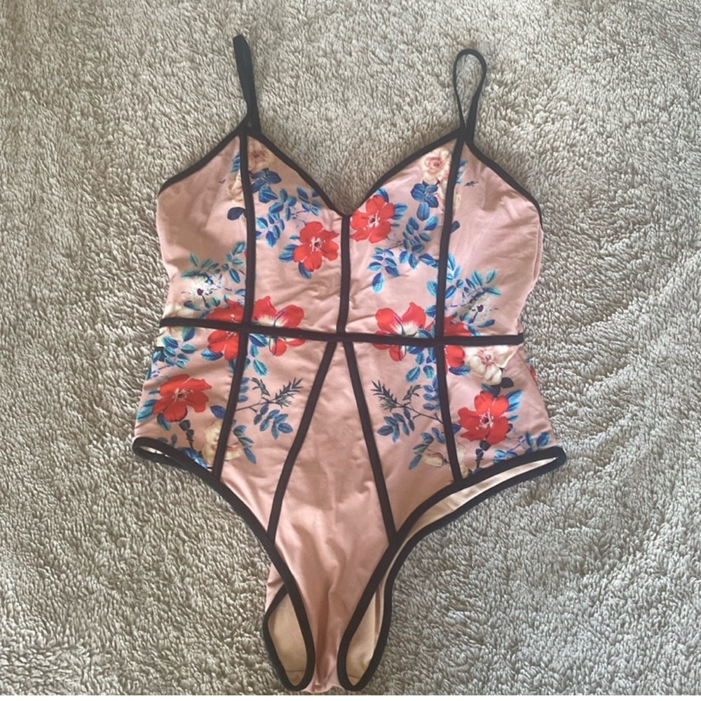 LA Hearts One Piece Baby Pink/Peach Floral and Black seaming.